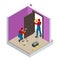 Isometric handymans installing a white door with an electric hand drill in a room. Construction building industry, new