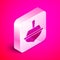 Isometric Hanukkah dreidel icon isolated on pink background. Silver square button. Vector