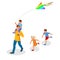 Isometric happy family father and child daughter launch a kite on nature. Outdoor, playing with wind toy on weekend