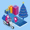 Isometric happy Santa Claus riding a motor scooter, with a sack full of colorful boxed gifts. Delivery Service man in