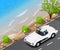 Isometric happy successful person illustration. Rich man drives his retro car on the mountain road along the beach. Vacation