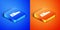 Isometric Hearse car icon isolated on blue and orange background. Square button. Vector