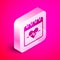 Isometric Heart rate icon isolated on pink background. Heartbeat sign. Heart pulse icon. Cardiogram icon. Silver square