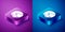 Isometric Helmet icon isolated on blue and purple background. Extreme sport. Sport equipment. Square button. Vector