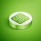 Isometric Hindu swastika religious symbol icon isolated on green background. White circle button. Vector