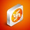 Isometric Hindu swastika religious symbol icon isolated on orange background. Silver square button. Vector