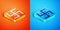 Isometric Hindu swastika religious symbol icon isolated on orange and blue background. Vector