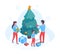 Isometric holiday tree decorating, people put decorations and garlands on xmas fir tree. Happy family winter holiday eve