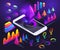 Isometric holographic diagrams, graphs, finance analysis on the smartphone screen, bright illustration,