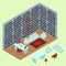 Isometric home library in 3D. The interior of the lounge area with isolated books, bookshelves, table, sofa, armchairs, lamp and c