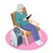 Isometric Home Medical Oxygen Concentrator. Concept of healthcare, life, pensioner. Senior woman with Chronic