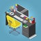 Isometric home office concept illustration. Workplace interior set