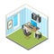 Isometric home workspace. Designer freelancer office workplace art production studio computer monitor vector