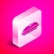 Isometric Homemade pie icon isolated on pink background. Silver square button. Vector