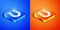 Isometric Horseshoe icon isolated on blue and orange background. Square button. Vector