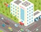 Isometric hospital and ambulance building with