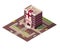 Isometric hospital or ambulance building mockup with signage, helicopter pad and road infrastructure, transportation and