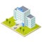 Isometric hospital building and ambulance cars vector illustration