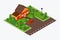 Isometric house with lawn and car, vector illustration. Game design tile of suburb home near road. Town house in