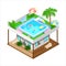 Isometric house with swimming pool, palm trees, sun loungers