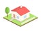 Isometric house on white background. 3d cottage with tree and fence. Real estate or home concept. Beautiful country