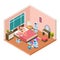 Isometric household robots. Vector robots, modern technologies for homework. Woman relaxing, androids are cleaned and