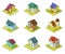 Isometric houses. Rural homes, building and cottages. 3d housing urban exterior vector set