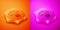 Isometric Humanitarian aid icon isolated on orange and pink background. Medical cargo goes down to hard-to-reach places