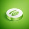 Isometric Hypnosis icon isolated on green background. Human eye with spiral hypnotic iris. White circle button. Vector