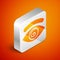 Isometric Hypnosis icon isolated on orange background. Human eye with spiral hypnotic iris. Silver square button. Vector