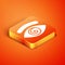 Isometric Hypnosis icon isolated on orange background. Human eye with spiral hypnotic iris. Vector