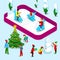 Isometric Ice Rink with People and Christmas Children near Christmas Tree and Snowman