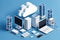 Isometric Icon Featuring an Array of Technological Equipment - Desktop Computers, Laptops, Networking Gear