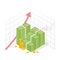 Isometric icon money growth. Pile dollar and gold coins with up arrow. Vector illustration