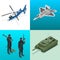 Isometric icons helicopter, aircraft, tank, soldiers. Flat 3d vector high quality military vehicles machinery transport.