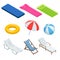 Isometric icons set of Beach elements and objects. Isolated Vector Illustration. Beach umbrellas, sunbeds, chairs, games