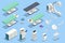 Isometric icons set of Equipment and Medical Devices in Modern Operating Room. Medical Devices for Neurosurgery.