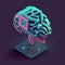 Isometric illumination of robotic human brain with detailed circuits. Concept art of artificial intelligence, machine learning,