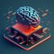 Isometric illumination of robotic human brain with detailed circuits. Concept art of artificial intelligence, machine learning,