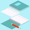 Isometric illustration on a blue background with the image of notebook, pencil, open spiral notebook and lined paper. Vector illus