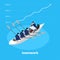 Isometric illustration on business subjects, people in business suits are swimming on a boat