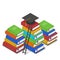 Isometric illustration of heap of books, ladder near it and square academic cap on top of it. Knowledge and reading