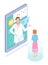 Isometric illustration of mobile, online consultation with doctor, virtual medical aid, patient card