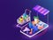 Isometric illustration of smartphone with multiple shopping equipments on blue background. Online Shopping concept based web temp