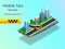 Isometric illustration taxi in a city on smartphone