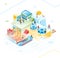 Isometric illustration of various types of digital business, buying and selling business, delivery of goods, stock market and