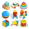 Isometric illustrations of various childrens toys