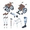 Isometric illustrations of wheelchair and other various objects for disabled peoples