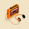 Isometric image of an old retro cassette player with headphones.