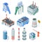 Isometric industrial buildings. Factory building power station industrial zone equipment 3d isolated vector set